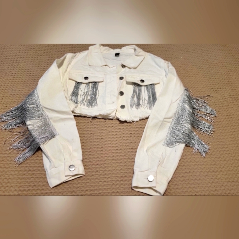 White and Silver Fringe Cropped Denim Jacket